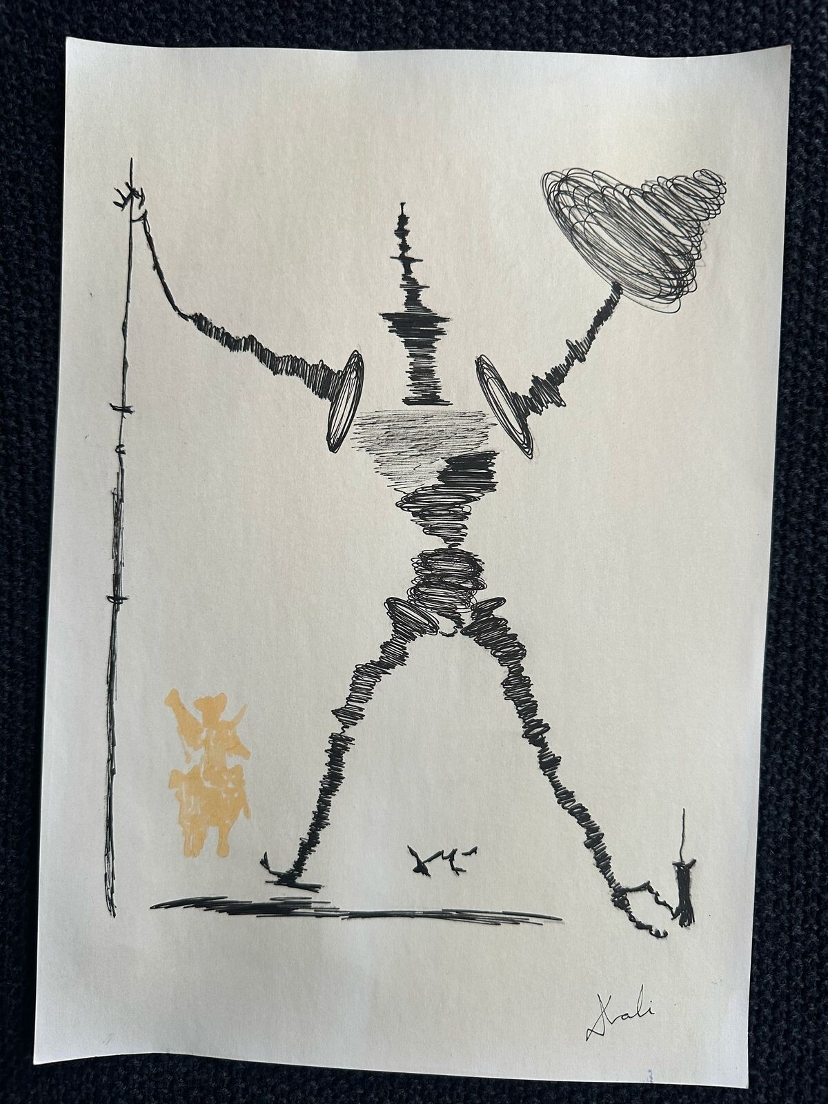 Salvador Dali drawing and painting on old paper signed stamped vintage