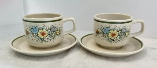 Set of 2 Vintage Temper-ware By Lenox Floral Fantasy Mugs Saucers USA Green Rim