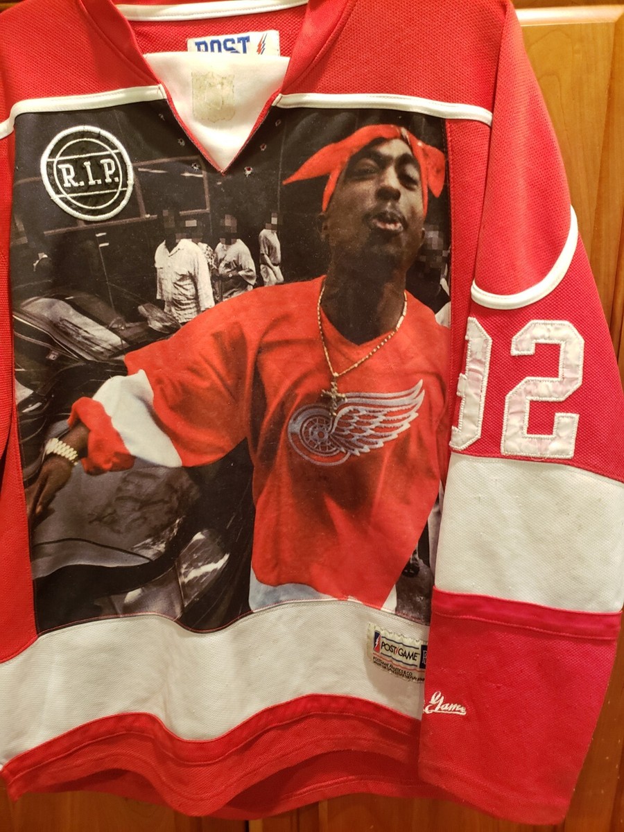 Vtg 2pac Tupac Post Game Distressed Hockey Jersey AOP 92 Detroit