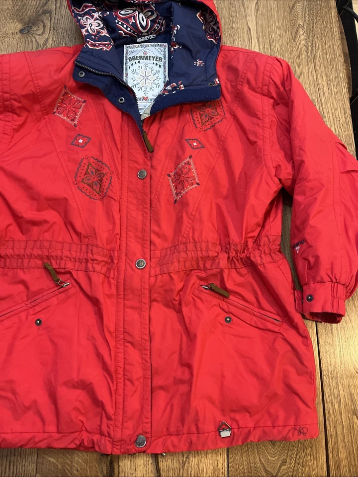 Abrigo de nieve de invierno vintage para mujer OBERMEYER, largo bordado floral rojo, talla L Foto 3 de 4