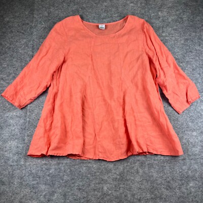 Match Point USA Tunic 100% Linen Blouse XL Orange Lagenlook 3/4 Sleeve Oversized