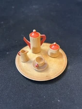 Vintage Wooden Miniature Tea Set Dishes Hand Painted German Dominic Republic