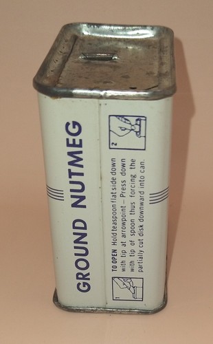 VINTAGE FRENCH’S 1 1/2” OZ GROUND NUTMEG SPICE TIN W/COOKIE RECIPE ON BACK - Picture 4 of 8