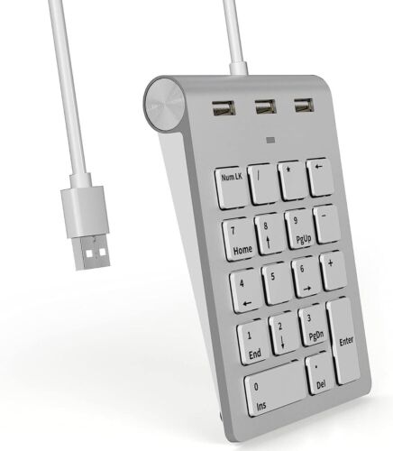 Wired Numeric Keypad with USB Hub, 3 USB 2.0 Ports, 18 Keys, USB Cable Integrate - Picture 1 of 7