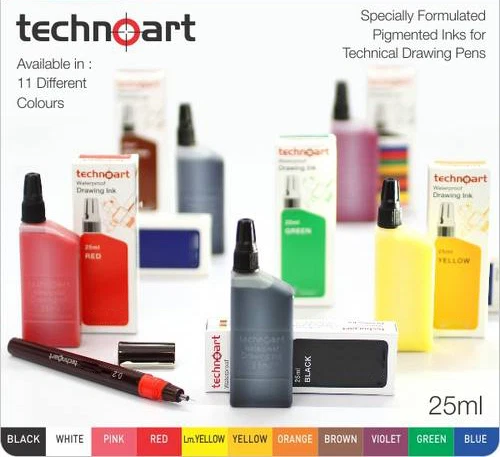 Technoart Waterproof Drawing Ink 25ml Compatible with Rotring Isograph Pens