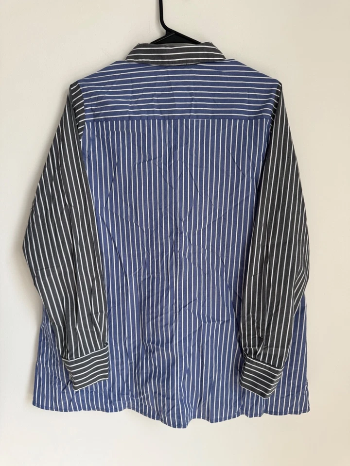 Cómoda Camisa Túnica Mujer EE. UU. Pin Rayas Botón Frontal L Negra Azul Dos Tonos Foto 2 de 4