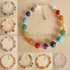 Beautiful 6/8/10/12mm Natural Multicolor Gems Beads Silver Chain Bracelet 7.5''