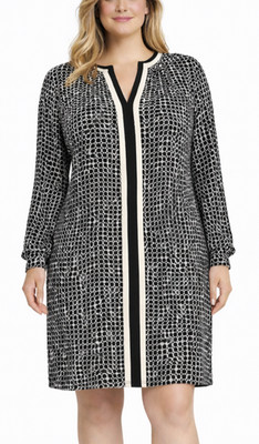 Max Studio Shift Dress Womens XL Black White Print Split Neck NWT $128