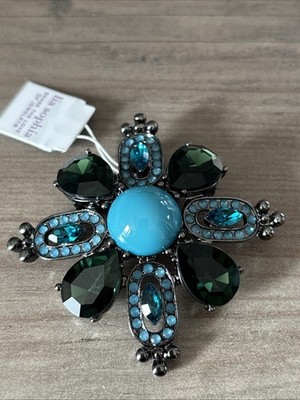 Lia Sophia  Vintage Shoppe  Blue Cut Crystals & Resin Beads Flower Brooch NWT