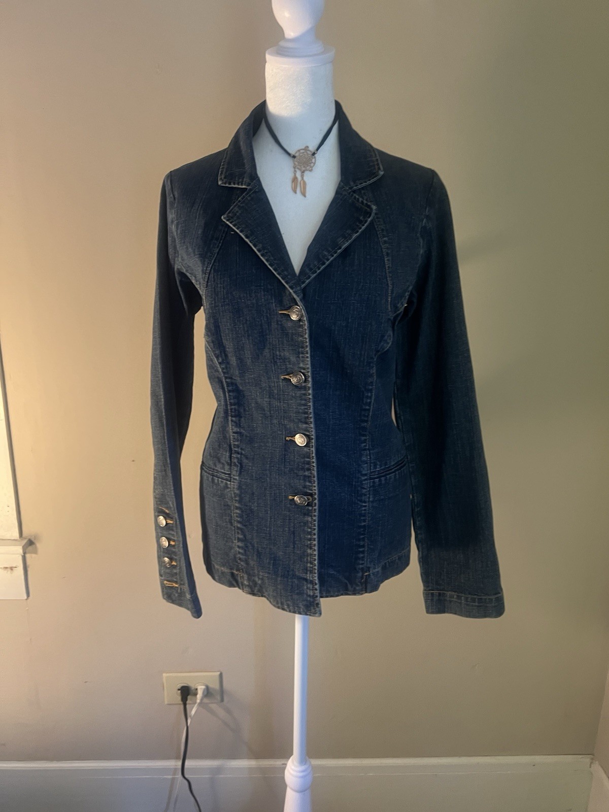 Blue Button Front Collared Mid-Length Jean Jacket… - image 1