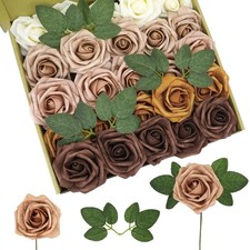 Lansdowns Artificial Flower Foam Rose Silk 25pcs Shades of Caramel Tones 