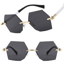 Modern Gold and White Geometric Sunglasses Womens Stylish Rimless Hexagon Tinted