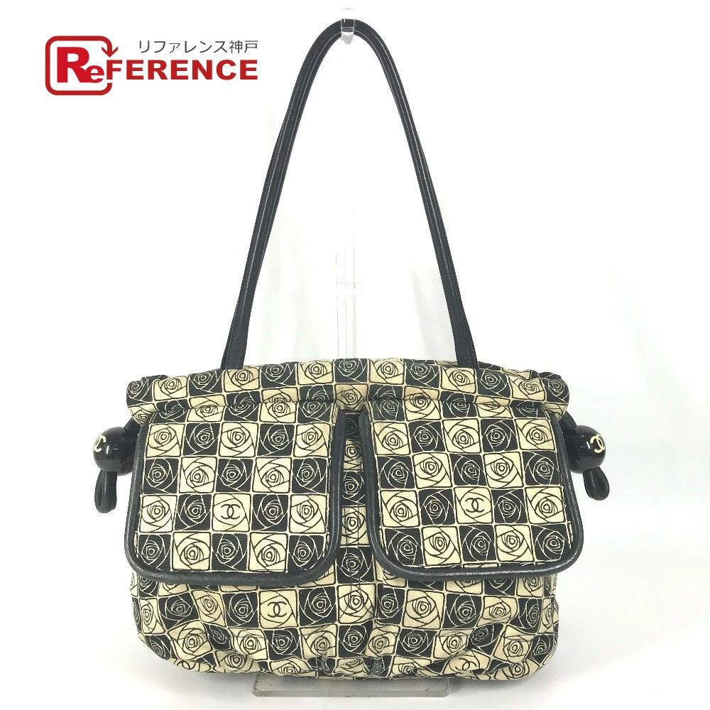 Chanel Coco Ball Camellia Cc Mark Shoulder Bag Tote Canvas Women Black Used