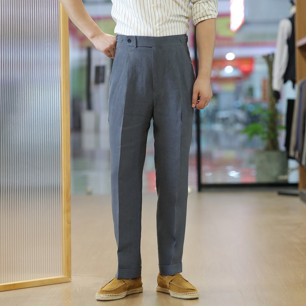 Men's Grey Linen Gurkha Trousers with Adjustable Waist