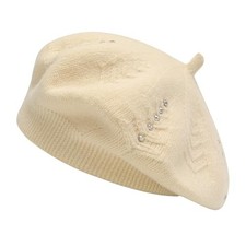 French Beret hat, Reversible Solid Color Knit Warm One Size Rhinestones Beige
