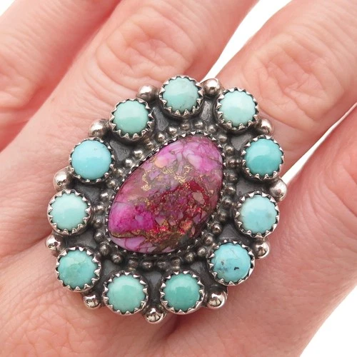 925 Sterling Vintage Real Pink Mohave Tyrone Turquoise Adjustable Ring Size 9.5