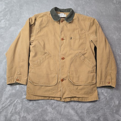 #ad Vintage LL Bean Chore Coat Mens S Tan Wool Liner Barn Jacket Canvas Corduroy USA $69.88