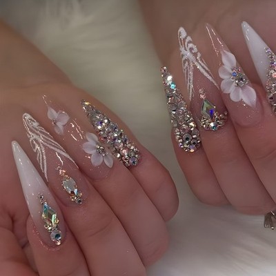 24 Pcs Flowers Press On Nail Rhinestones Acrylic Nail Long False Nail