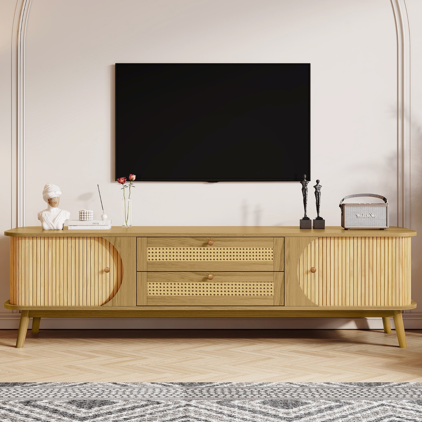 For Tvs Up To 80" Media Console Table Cabinet With Drawers Doors