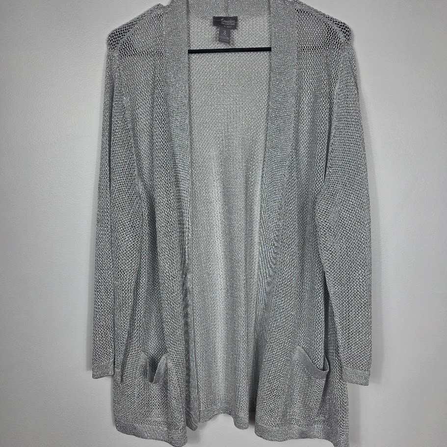 Travelers Collection By Chicos Womens Silver Metallic Knit Cardigan XL Size 3