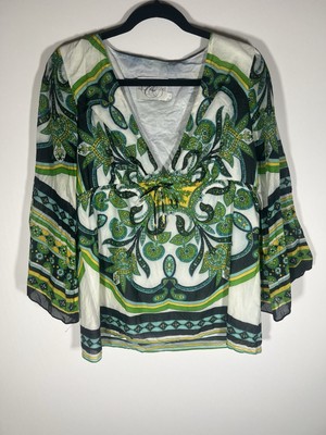 Vintage Y2K Alice & Trixie green blue paisley v-neck babydoll bell slv top sz L
