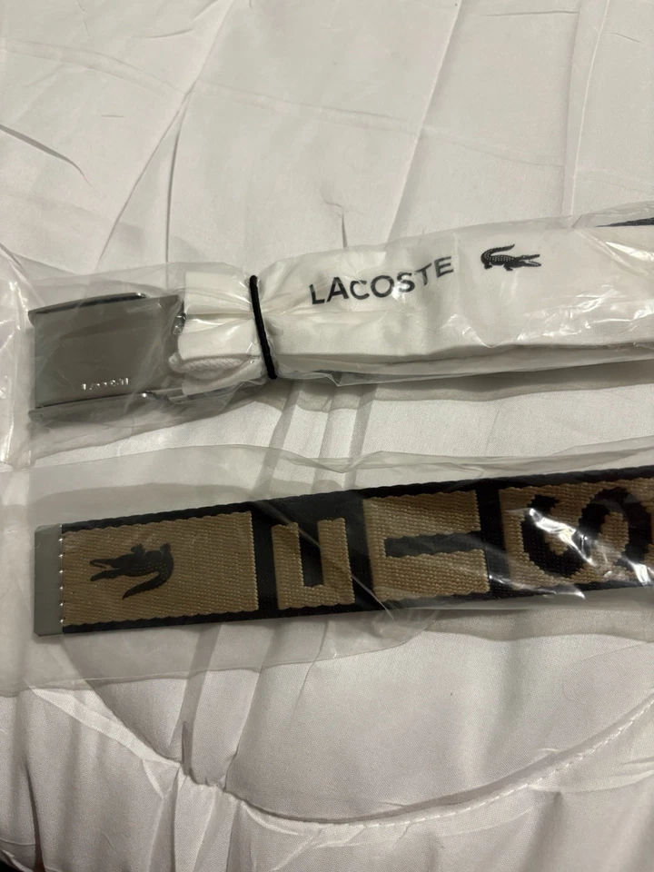 Cinturón estilo lona Lacoste tostado y marrón con hebilla para hombre talla 44 nuevo con etiquetas Foto 3 de 4