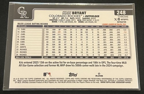 2025 Topps Chrome Kris Bryant #248 Refractor Parallel Colorado Rockies - Picture 2 of 4
