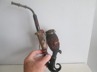 ANTIQUE / VINTAGE 13 INCH AFRICAN HAND CARVED WOODEN BOWL SMOKING PIPE