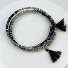 Vintage Black Iridescent Seed Bead Wrap Bracelet Silver Tone Tassel Multi-Strand