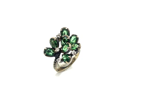 VTG PANETTA STERLING & VERMEIL FX EMERALD & CZ FLOWER RING; SZ 7.25; 5.6 GRAMS