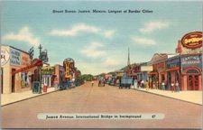 c1940s JUAREZ, Mexico Postcard "Juarez Avenue" Downtown Street Scene - Linen