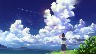 Anime sky clouds water birds school uniform short Custom Gaming Mat Desk
