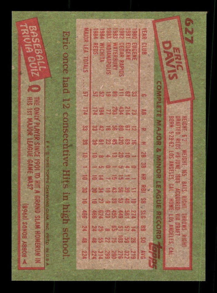 1985 Topps Baseball #627 Eric Davis NM/MT or Better *d9 | eBay