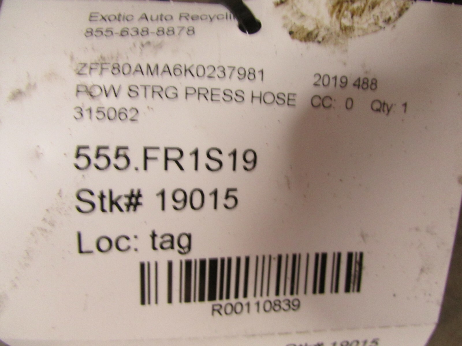 Ferrari 488, Power Steering Tank to Pump Hose, Used, P/N 315062