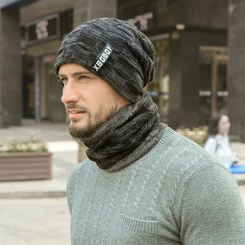 Men Beanie Hat 2Pcs Ski Cap and Scarf Outdoor Winter Warm Woolly Hats Knit Ribbe - Picture 9 of 18