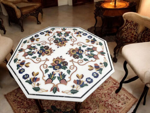 Mesa de centro de mármol blanco con incrustación de piedra semipreciosa - Elegante diseño artístico - Imagen 2 de 8