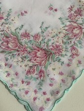 Gorgeous NEW Handkerchief Ethereal Aqua Pink Tulips LuRay Hankie