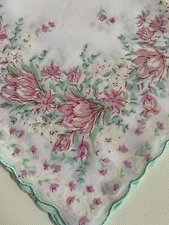 Gorgeous NEW Handkerchief ~ Ethereal Aqua & Pink Tulips ~ LuRay Hankie!