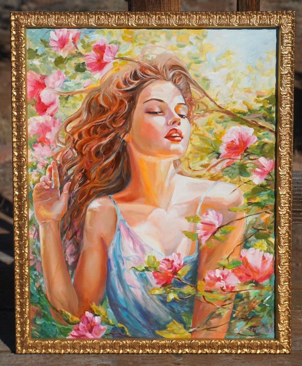 絵画 Oil painting of beautiful flowers. Beautiful Flowers Original OIL Painting in Gold and Wooden