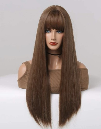 Perruque Synthétique Brune Foncée Longue Avec Frange - Bonnet Moyen Inclus - Neuf Sans étiquette