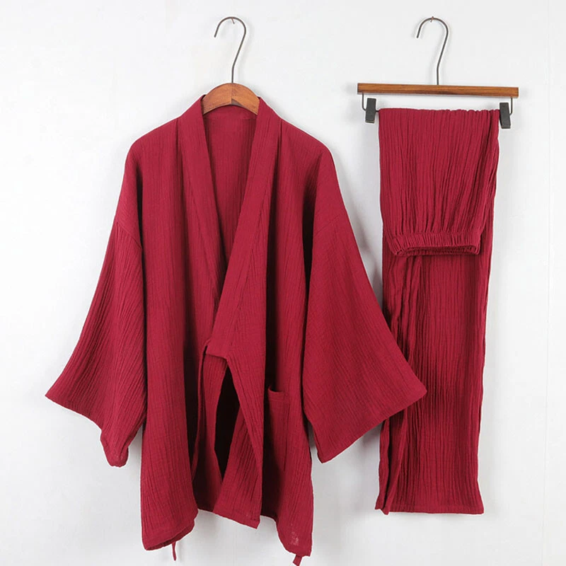 Conjunto de pijama japonés de algodón crepé Yukata para hombre Kimono Top Pantalones Prendas para dormir Salón Foto 4 de 4