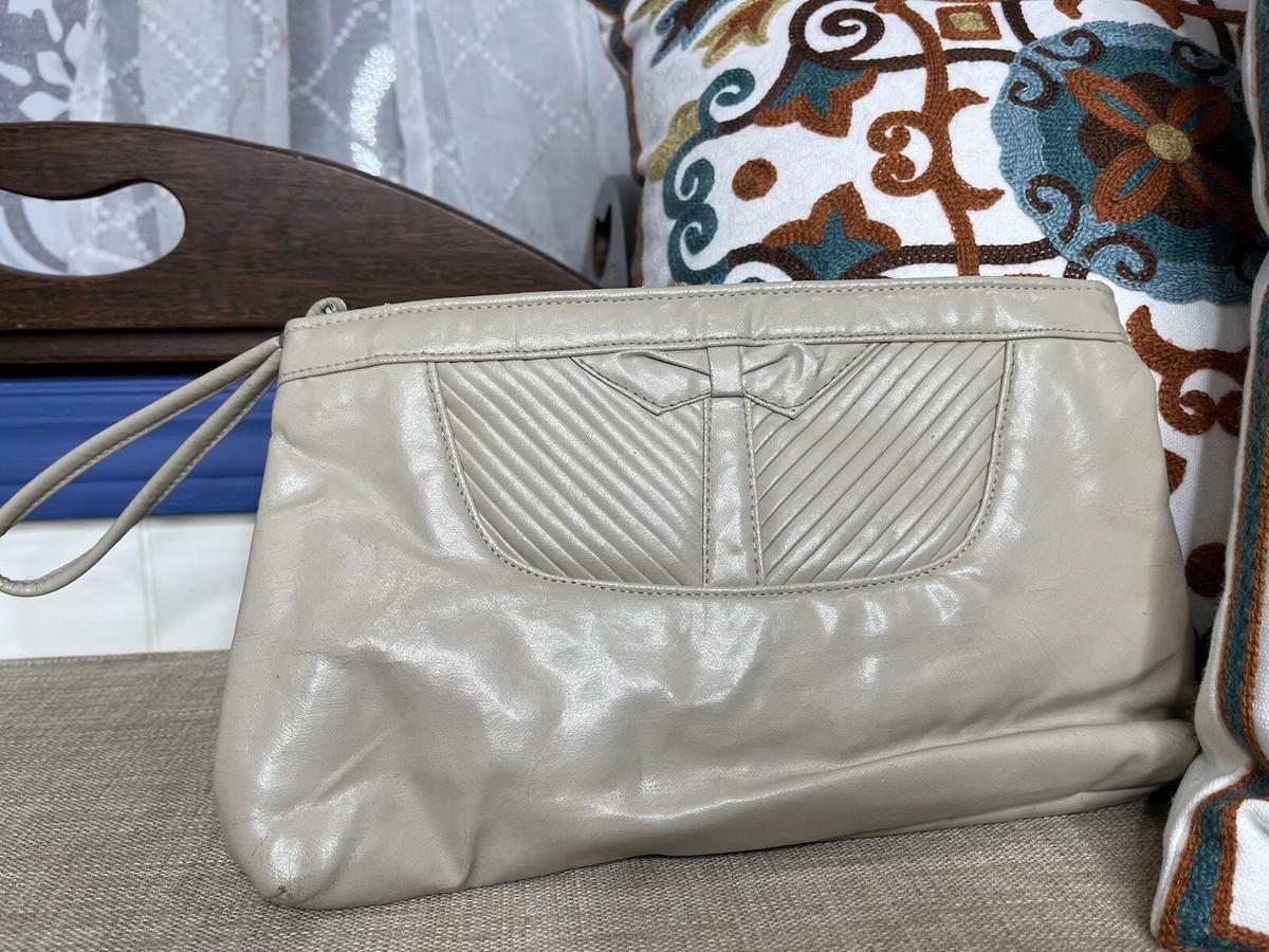 Vintage MCI Clutch Genuine Leather Cream Taupe Lined Bag Handbag
