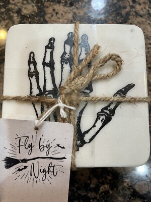 New set of four skeleton hand marble coasters Goth 4  x 4  Day of the Dead 