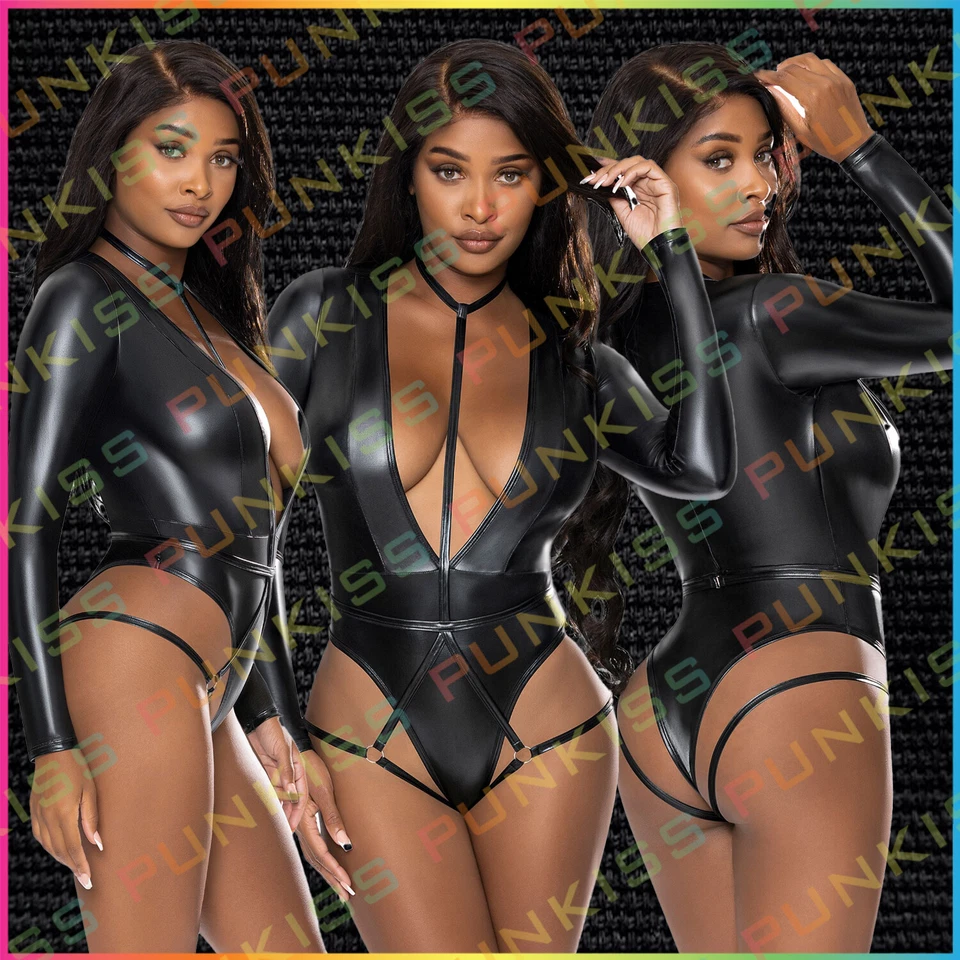 Lencería de peluche sexy aspecto húmedo profundo en V enjaulado💋Arnés gargantilla Babydoll Body Foto 2 de 4