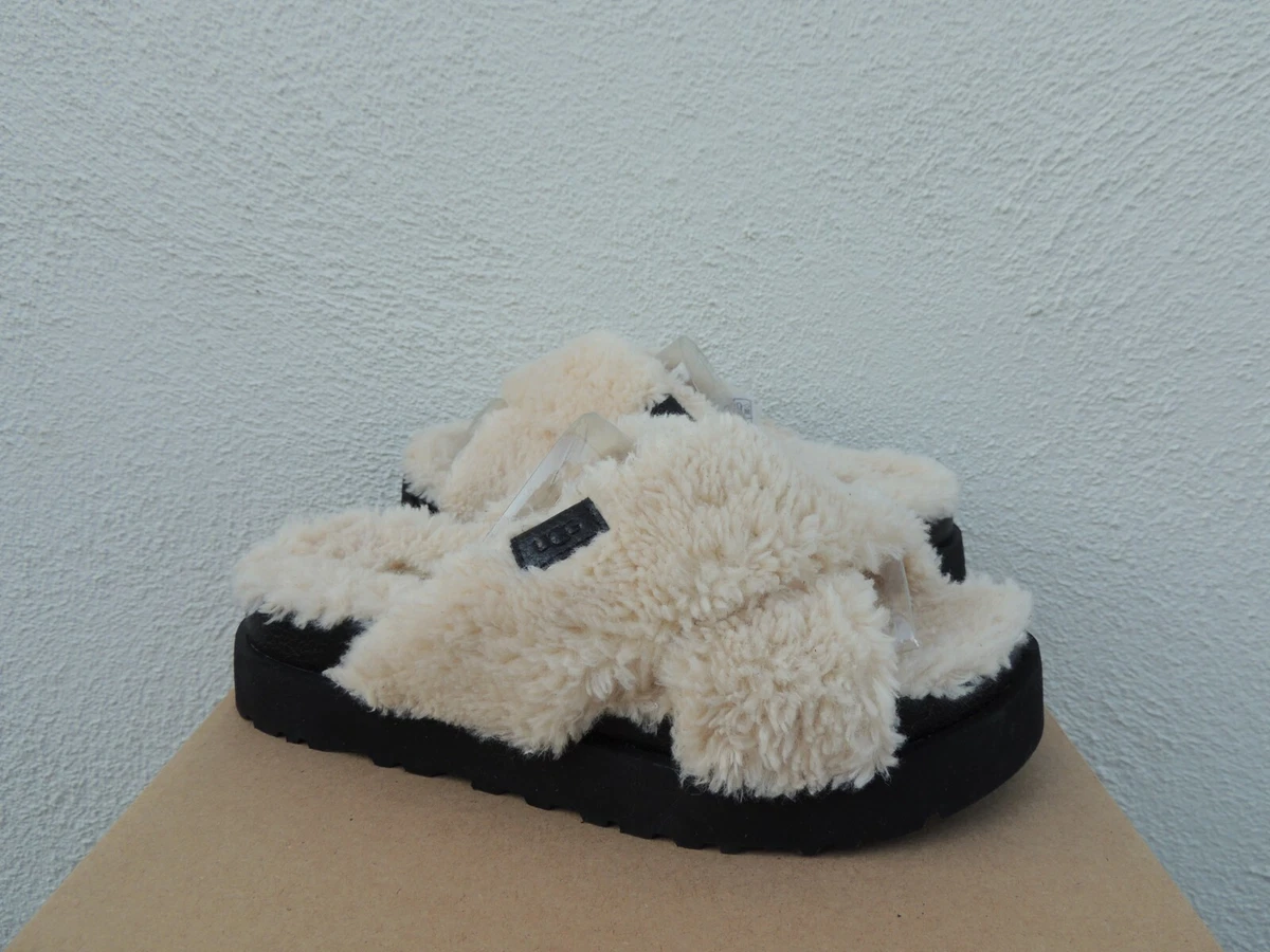 UGG NATURAL FUZZ SUGAR CROSS SLIDE WOOL FAUX FUR SLIPPERS US 6