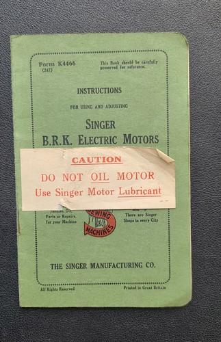 Vintage Instructions Singer B.R.K. Electric Motors