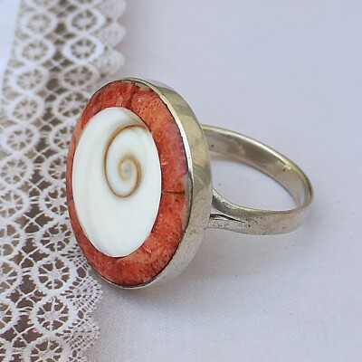 Vintage Ring Natural Snail Shell Swirl Sterling 925 Red Boho Bohemian Gift VTG