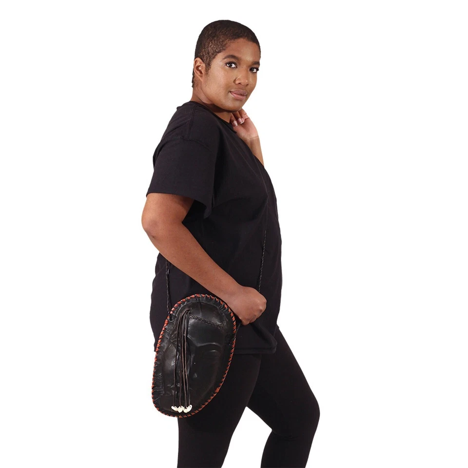 Bolso de Cuero Negro Genuino, Diseño de Máscara Hombres Mujeres Bandolera de Hombro Cartera Única Foto 2 de 4