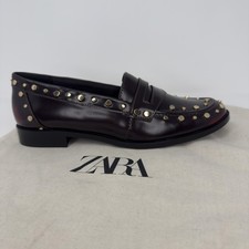 Zara Studded Penny Loafer Shoes Womens Size 7.5 Brown Gold Slip On Flats