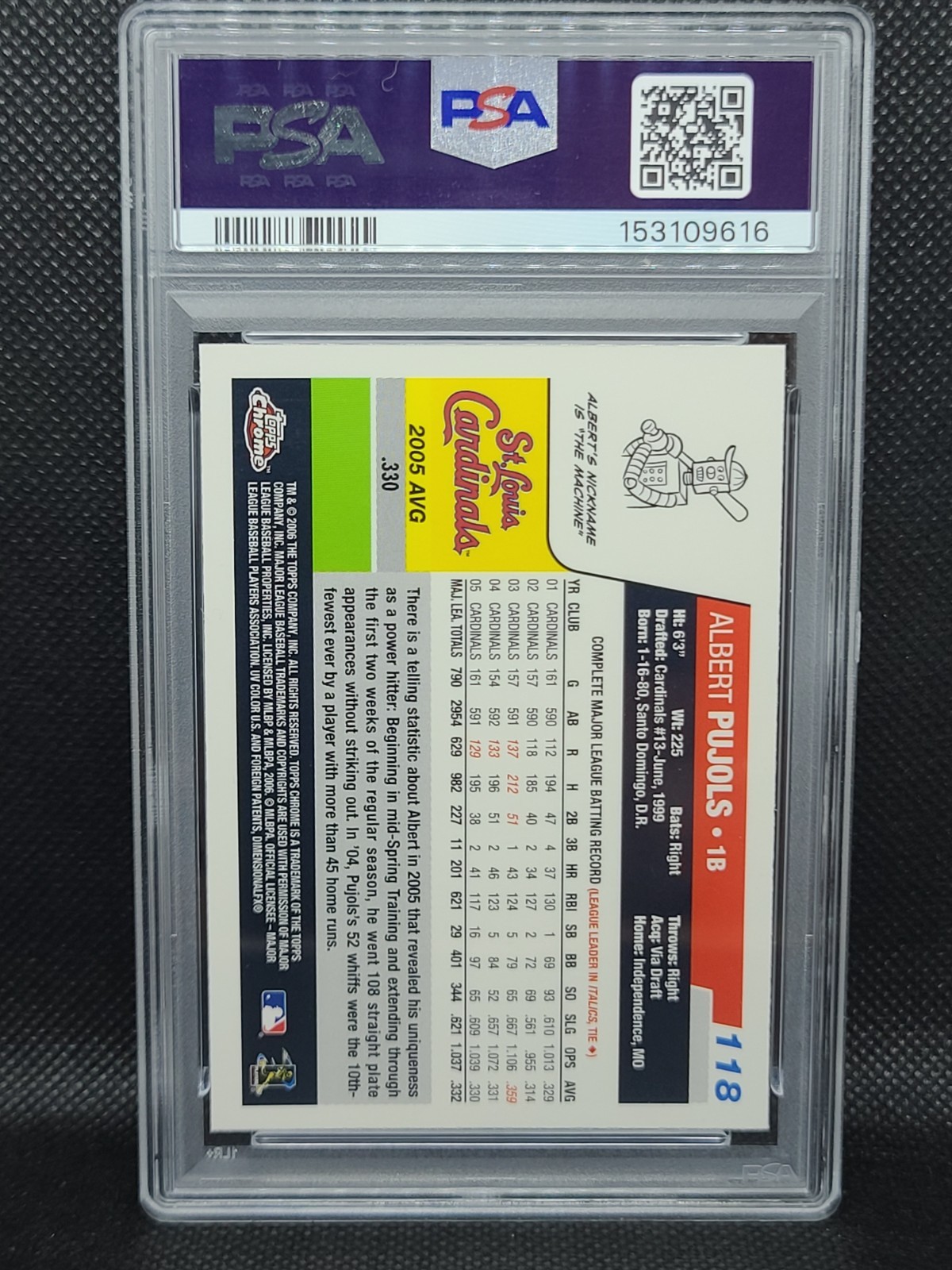 2006 Topps Chrome Albert Pujols #118 PSA 10 Gem Mint Cardinals HOF view 2